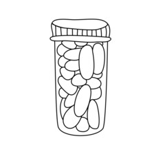 Medicine bottle with pills. Vector hand drawn illustration in doodle style