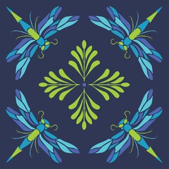 Vector pattern green blue dragonfly on dark background