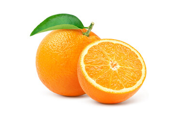 Plakat Orange with cut in half and green leaf isolated on white background. clipping path.