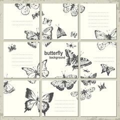 Square background set with hand drawn ink butterflies and moths