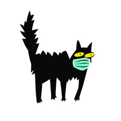 A cat wearing medical face mask for protection from catching a virus, black and white silhouette vector illustration.