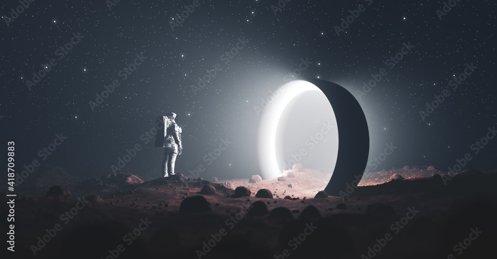 Wall mural astronaut on foreign planet in front of spacetime portal light