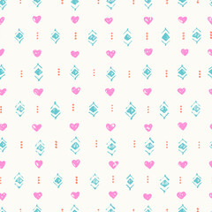 Hand drawn ink doodle naive style seamless pattern with pink hearts and mint diamond shapes, dots
