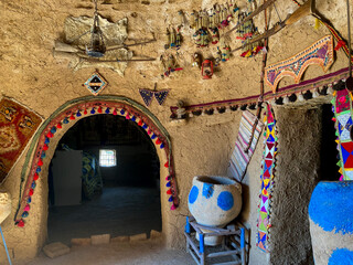 Interior of Traditional Harran Beehive Houses. There are old Turkish culture motifs. Ancient...