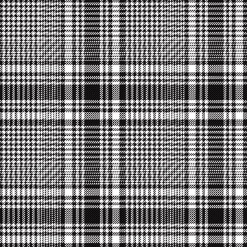 Black and white glen check plaid. Houndstooth twill pattern design. Textile fabric swatch template.