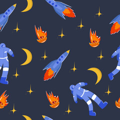 Space seamless pattern with astronaut, asteroid moon and rocket. Pattern with space for children's clothing, postcards, posters