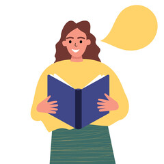 Girl holding a paper book in her hands, reading aloud. A girl reads a book