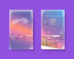 Trendy cover template. Winter city. Merry Christmas and New Year card design. Stockholm. Sweden. European Union. Hand drawn sketch. Vector illustration.