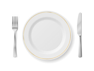 White plate with fork and knife, top view. Empty dinner plate with cutlery set isolated on white background. Vector illustration about table setting, eating, restaurant service, table utensil, etc