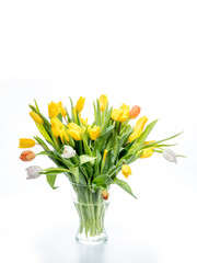 bouquet of yellow bright tulips in a glass transparent vase on a white background.