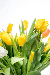 bouquet of yellow bright tulips in a glass transparent vase on a white background.