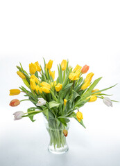 bouquet of yellow bright tulips in a glass transparent vase on a white background.