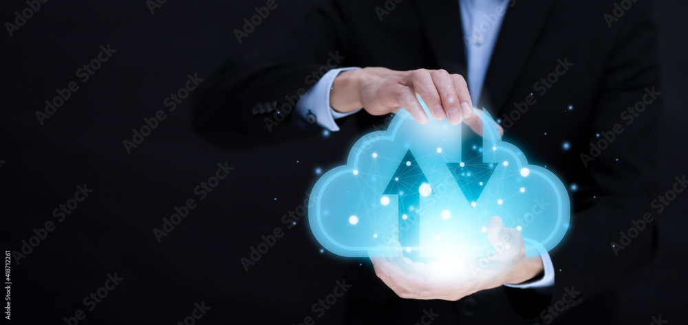 Poster business holding cloud networking concept and touch screen with hand connection line on the black ba