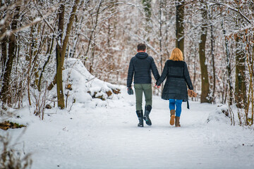 Fototapeta na wymiar couple walking in winter forest