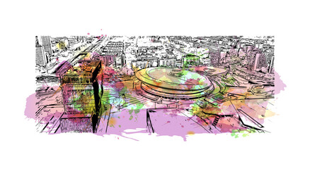 Building view with landmark of Katowice is an industrial city situated in the Silesian Region of southern Poland. Watercolour splash with hand drawn sketch illustration in vector.