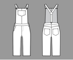 Dungarees Denim overall jumpsuit technical fashion illustration with knee length, normal waist, high rise, pockets, Rivets. Flat garment front back, white color style. Women, men unisex CAD mockup