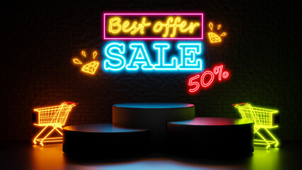 3d render of best offer sale with podium for product display