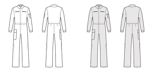 Boilersuit coverall Dungaree jumpsuit technical fashion illustration with full length, normal waist, high rise, pockets, long sleeves. Flat front back, white, grey color. Women, men unisex CAD mockup