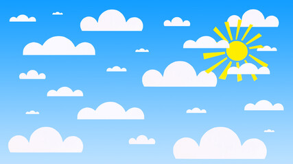 3d illustration of a bright blue sky with the sun and paper clouds. Bright summer blue sky background with sun and paper clouds.