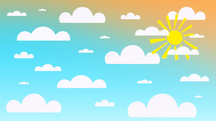 3d illustration of a bright blue sky with the sun and paper clouds. Bright summer blue sky background with sun and paper clouds.