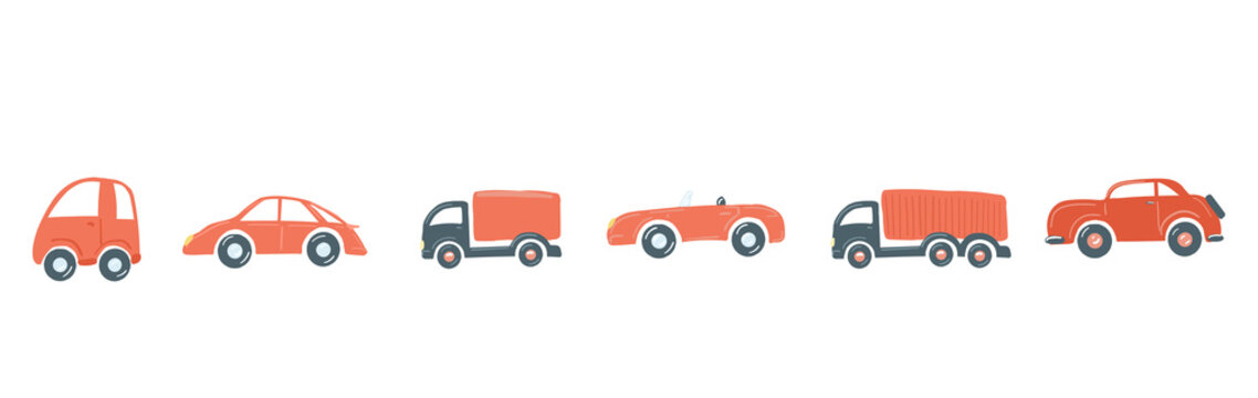 set of red cars flat simple cartoon style hand drawing. vector illustration