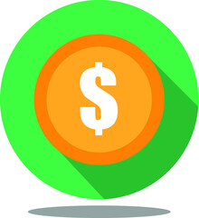 Vector flat icon of dollar coin sign with long shadow on white background , US dollar is the main currency exchange in the world.
