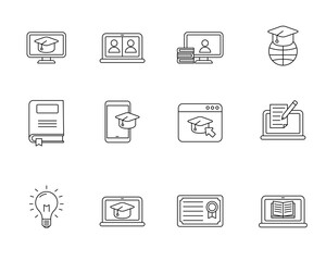 Set of online education with linear style isolated on white background