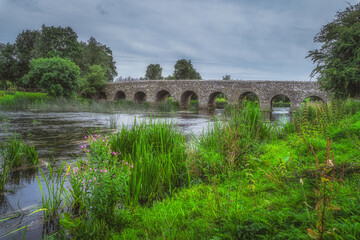 View from riverbank with green grass and plants on old, 12th century stone arch Bective Bridge over...