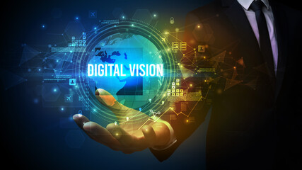 Elegant hand holding DIGITAL VISION inscription, digital technology concept