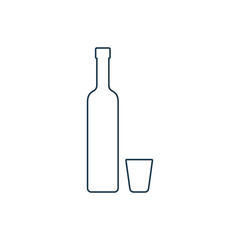 Vodka bottle and glassware. Alcoholic drink for parties and celebrations. Simple black line shapes isolated. Illustration on white background. Flat design style for any purposes