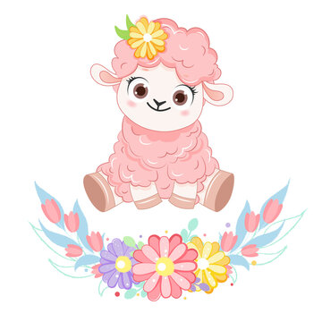 Cartoon smiling pink sheep with flower wreath. .Vector illustration for kid.