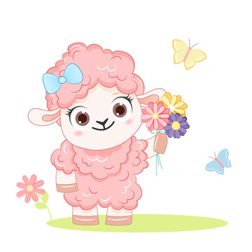 Cartoon smiling pink sheep with flowers .Vector illustration for kid.