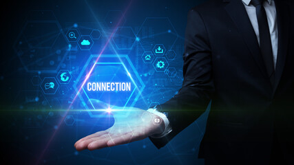 Man hand holding CONNECTION inscription, social media concept
