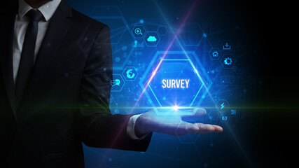 Man hand holding SURVEY inscription, social media concept