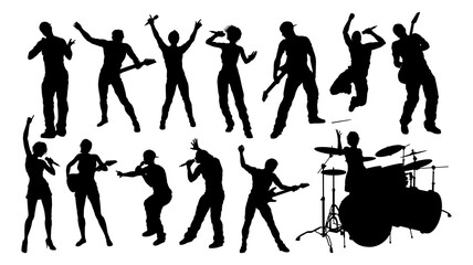 A set of musicians, rock or pop band singers, drummers, and guitarists high quality silhouettes
