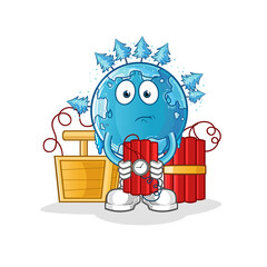 winter earth holding dynamite character. cartoon mascot vector