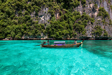 Beautiful turquoise ocean of Pileh Lagoon is a very beautiful place and one of the popular tourist attractions in Phi Phi Le island in Krabi, Thailand .