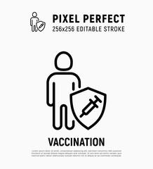 Coronavirus vaccination. Virus protection: man is protected by shield with vaccine. Immune system. Thin line icon. Pixel perfect, editable stroke. Vector illustration.