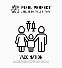 Coronavirus vaccination. Virus protection: family with child with vaccine. Immune system. Thin line icon. Pixel perfect, editable stroke. Vector illustration.