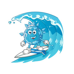 winter earth surfing on the wave character. cartoon mascot vector