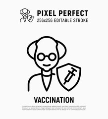 Coronavirus vaccination. Virus protection: elderly man is protected by shield with vaccine. Immune system, antibiotics. Thin line icon. Pixel perfect, editable stroke. Vector illustration.