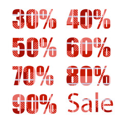 A set of discounts different percentages painted in a checkered fabric pattern