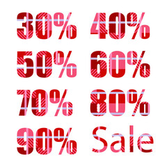 A set of discounts different percentages painted in a checkered fabric pattern