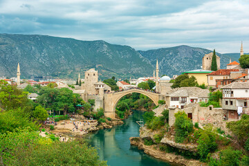 Fototapeta na wymiar View on old town Mostar with famous bridge in Bosnia and Herzegovina, Balkans, Europe