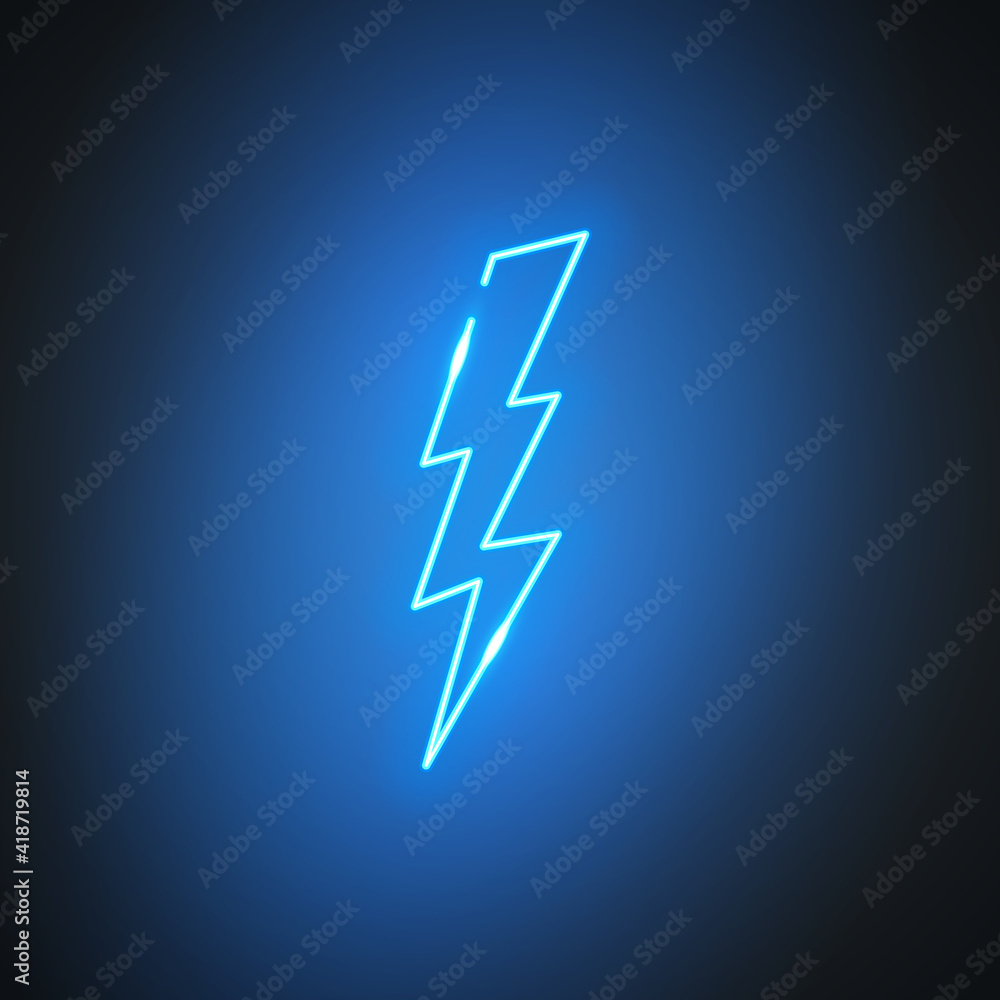Poster neon lightning. glowing blue flash sign on black background. bright lightning bolt symbol. vector de