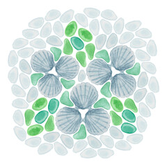 Hand-drawn watercolor arrangement of flowers made of shells and sea glass in pale blue and green colors on a white background. Marine, beach design, bathroom decoration, tile printing, poster, card