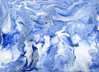 Hand drawn abstract background with marble texture. Acrylic painting with white and blue colors.