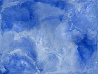Hand drawn abstract background with marble texture. Acrylic painting with white and blue colors.