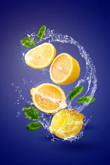 Water Splashing on yellow lemon fruit over blue background.