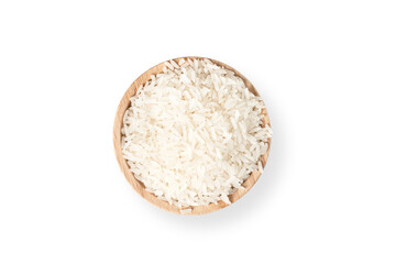 rice in a bowl isolated white background with clipping path. top view